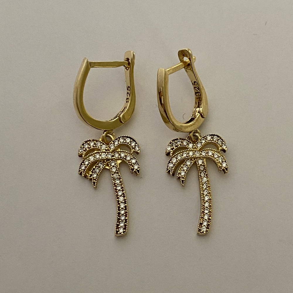 🌴925 Silver hoop earrings palm tree cz stones dangling 18k yellow gold plated